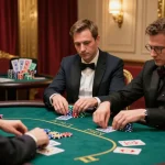Players engaging in a high-stakes game at red88 poker table with colorful chips and intense focus.