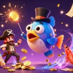 BARCODESLOT slots scene featuring an anglerfish and pirate shrimp attracting golden coins amid vibrant casino elements.