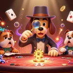 Illustration, die eine Paysafe Card Casino Szene mit einem Detektiv und verschiedenen Spielelementen zeigt.