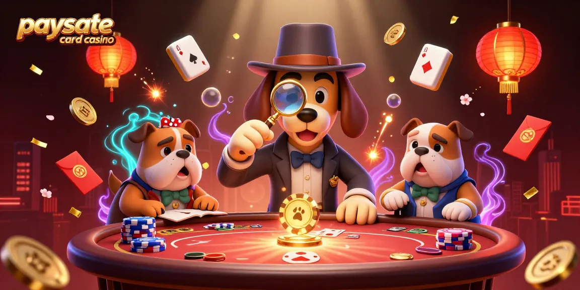 Illustration, die eine Paysafe Card Casino Szene mit einem Detektiv und verschiedenen Spielelementen zeigt.