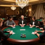 Engaged players at a high-stakes poker game, showcasing winning strategies with Link Vin88 chính thức integrated seamlessly into the atmosphere.