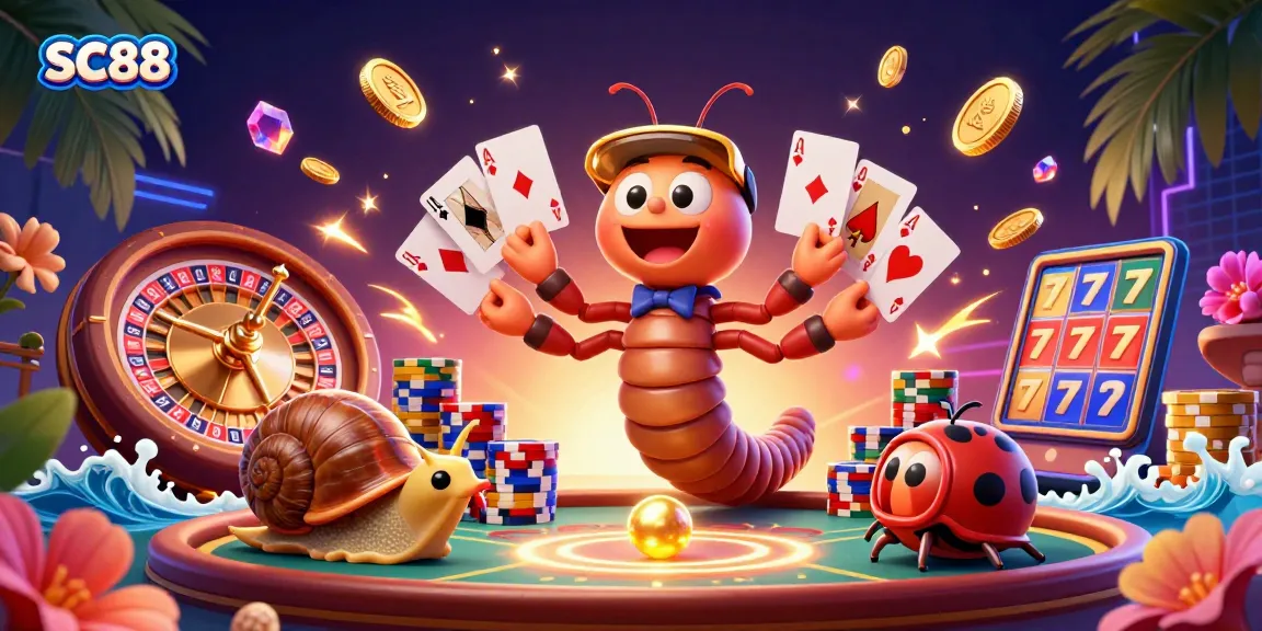 SC88 showcases an exciting casino scene with a millipede dealer fanning cards and a snail pushing chips.