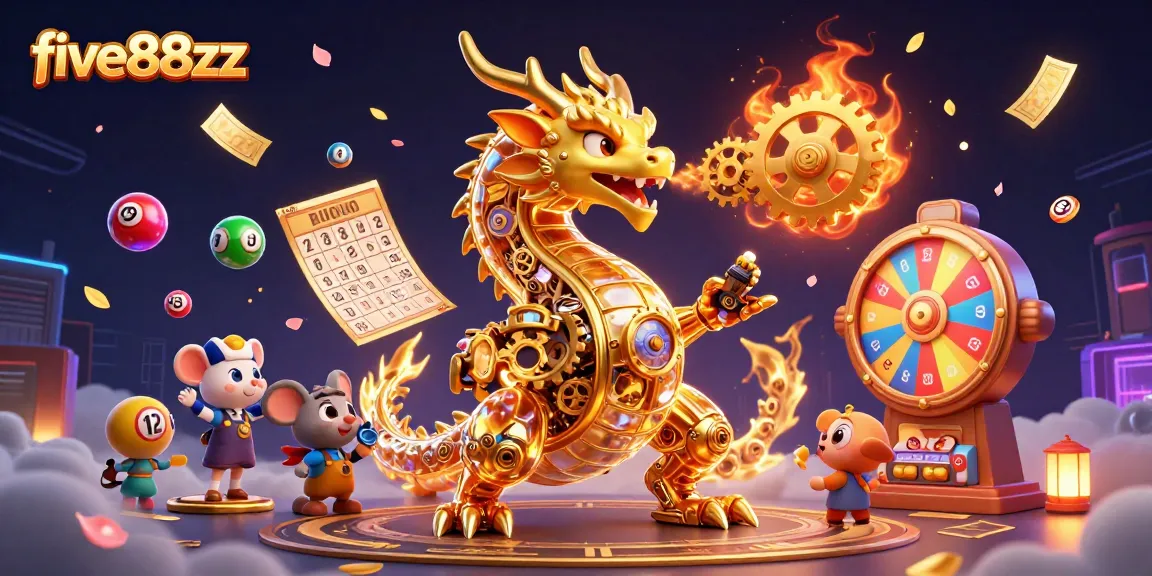 Engage in thrilling lottery action with five88zz, as colorful balls and a golden dragon create excitement.