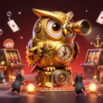 Experience the excitement of gk88 with our vibrant casino scene showcasing thrilling slot machines and golden owl guardians.