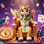 Experience the thrill of kk55 with a captivating 3D illustration highlighting a pharaoh cat and casino elements.