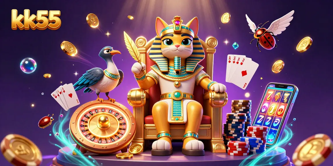 Experience the thrill of kk55 with a captivating 3D illustration highlighting a pharaoh cat and casino elements.
