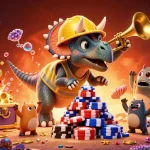 Celebrate gaming wins with a vibrant "uk88 nhà cái" 3D scene featuring playful dinosaurs amidst casino elements.