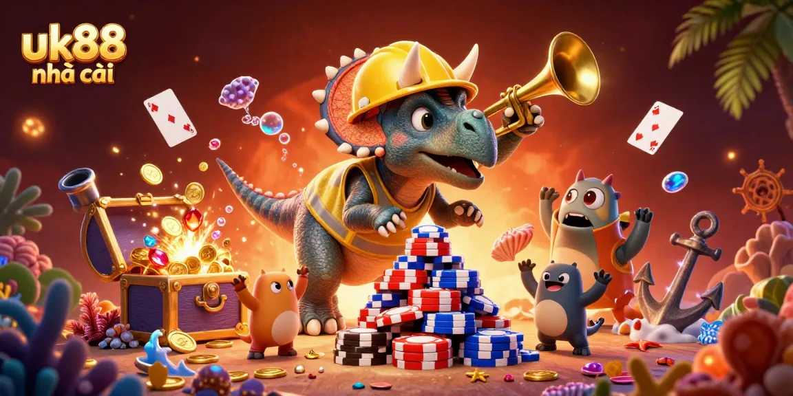 Celebrate gaming wins with a vibrant "uk88 nhà cái" 3D scene featuring playful dinosaurs amidst casino elements.