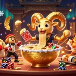 Engage with the vibrant lu888 casino scene featuring a golden ramen bowl dealer and dynamic game elements.