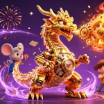 Engage with ck33bd's thrilling casino experience, where a golden dragon breathes gears amidst colorful lottery excitement.