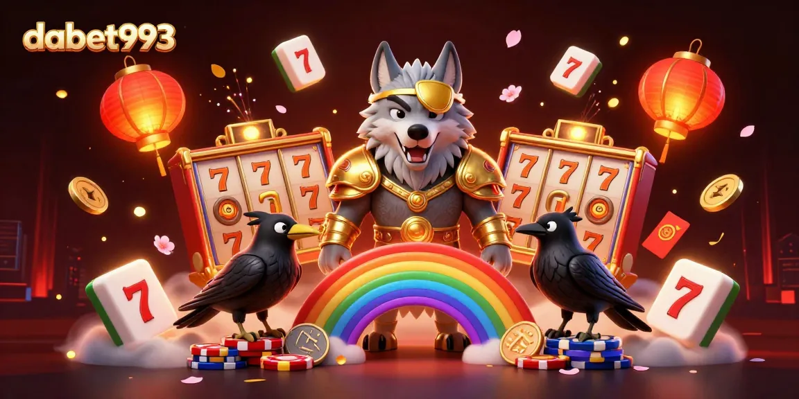 Dabet993 offers a thrilling encounter with an Odin wolf and ravens in a vibrant casino setting, showcasing dynamic slot elements.