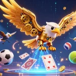 Engage with the exciting 888vnd game featuring a dynamic 3D golden eagle amidst flying sports elements.