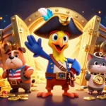 Experience the thrilling world of 8LIVE with cartoon pirate captain and treasures in a vibrant casino illustration.