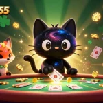 Engage with exciting gameplay at keonhacai55 while the black hole cat attracts winning chips and cards.