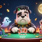 Play cards in style with 8xx characters including a Frankenstein bulldog and a werewolf kitten in a vibrant casino setting.