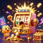 Engaging AO88 scene of cartoon slot machines winning jackpots with coins pouring out and a cheering crowd.