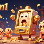 Engage with 98win1 as the golden slot machine hits a jackpot amidst cheering baby machines and vibrant casino elements.