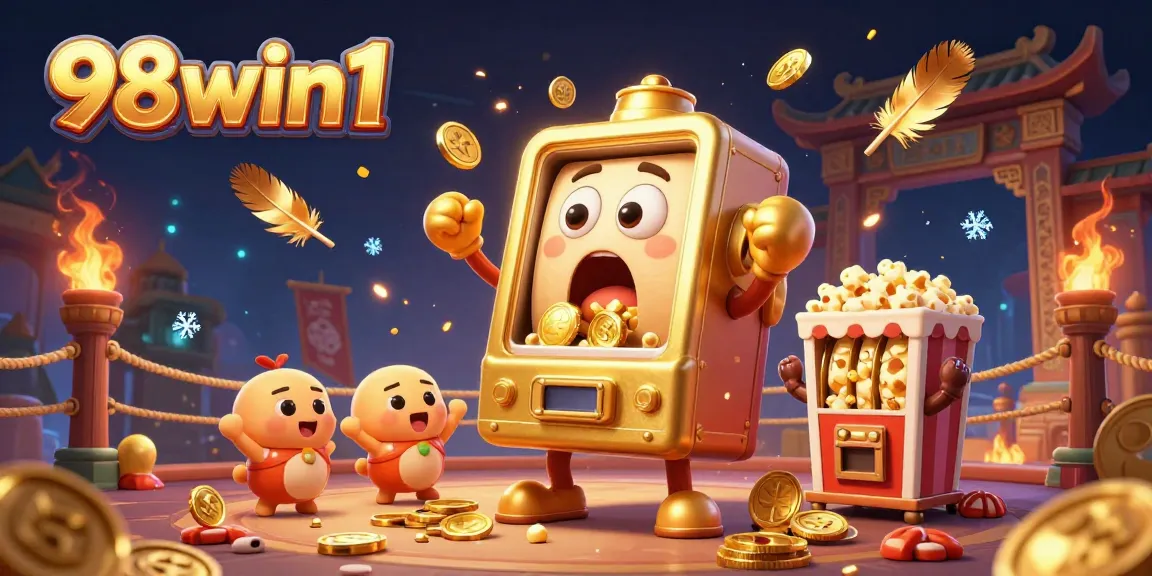 Engage with 98win1 as the golden slot machine hits a jackpot amidst cheering baby machines and vibrant casino elements.