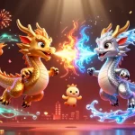 Experience the excitement of M88 link with vibrant dragons and festive casino elements.