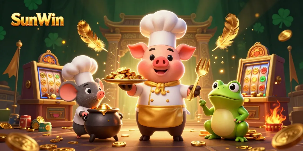 SunWin's cartoon chef pig serves gold coins as players enjoy thrilling slot games in this vibrant 3D illustration.