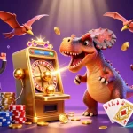 3WIN casino illustration showcasing a cartoon dinosaur winning jackpot coins by playing slots amidst a vibrant casino setting.