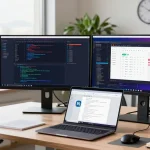 Professional developer using WPS Official Website tools in a modern workspace with dual monitors and natural lighting.