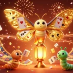 Engage with 58win's vibrant 3D casino experience showcasing golden moths and floating mahjong tiles.