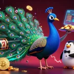 Experience situs slot gacor with a packed 3D casino scene featuring a peacock, penguin, and hummingbird amid slot reels and cryptocurrency.