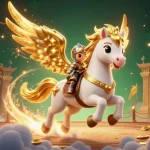 Experience the thrills of gambling at lu88a with a knight riding a celestial horse among gold and excitement.