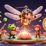 Kèo nhà cái 5 showcases an exciting scene with a dragonfly pilot, frog croupier, and live jazz musicians amidst colorful casino elements.