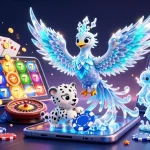 Engage with thrilling j188 slot visuals, featuring an ice phoenix and poker-themed gaming elements.
