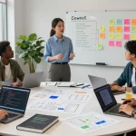 Team collaborating to build internal tools with AI in a modern office.