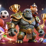 Engage in PG88 gaming with a vibrant illustration of a stone golem, knight, and fairy amidst sports elements.
