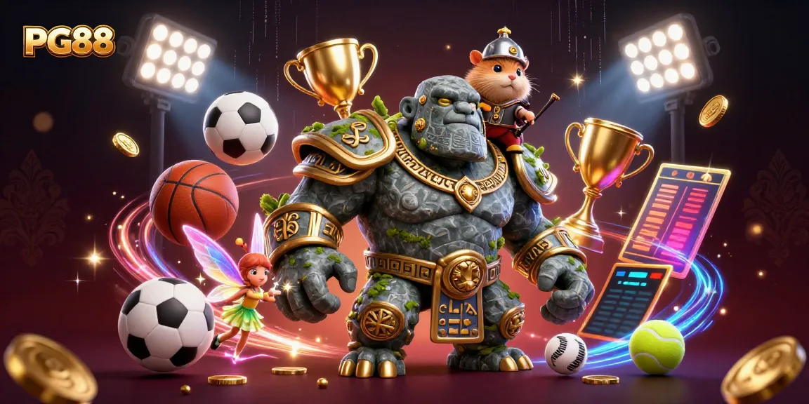 Engage in PG88 gaming with a vibrant illustration of a stone golem, knight, and fairy amidst sports elements.