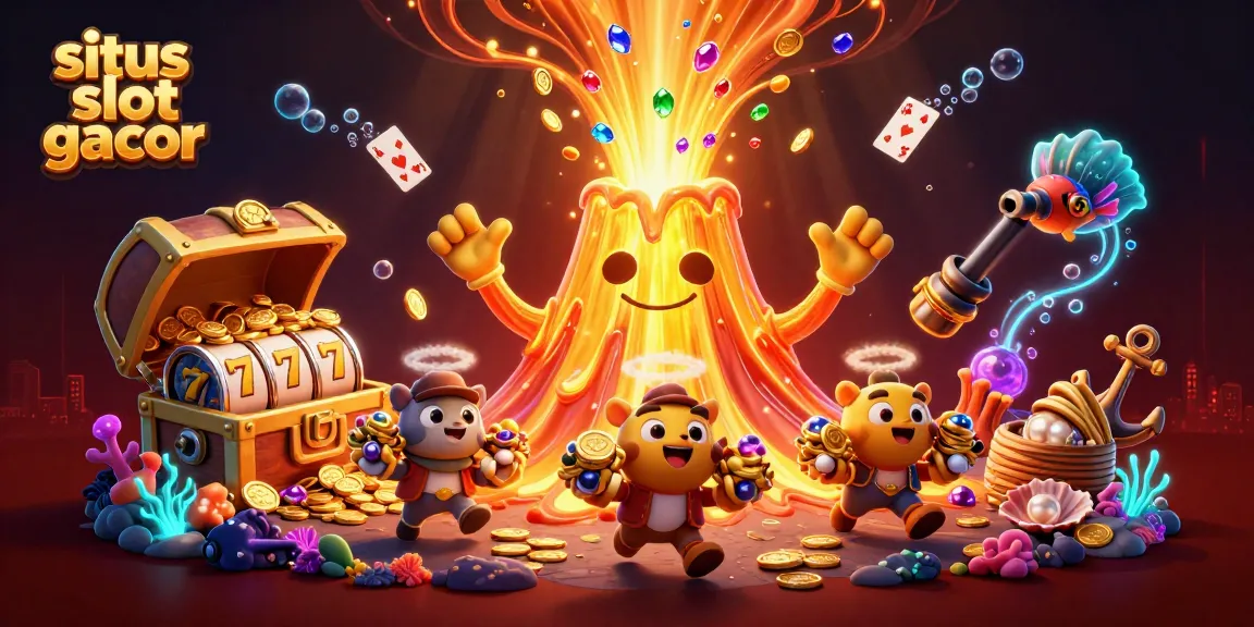 Engage in exciting gameplay at situs slot gacor with a vibrant volcano scene and treasure-filled elements.