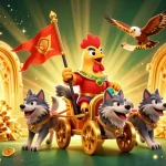 Experience epic gameplay with nk88, showcasing a rooster warlord and golden treasures in a vibrant casino setting.